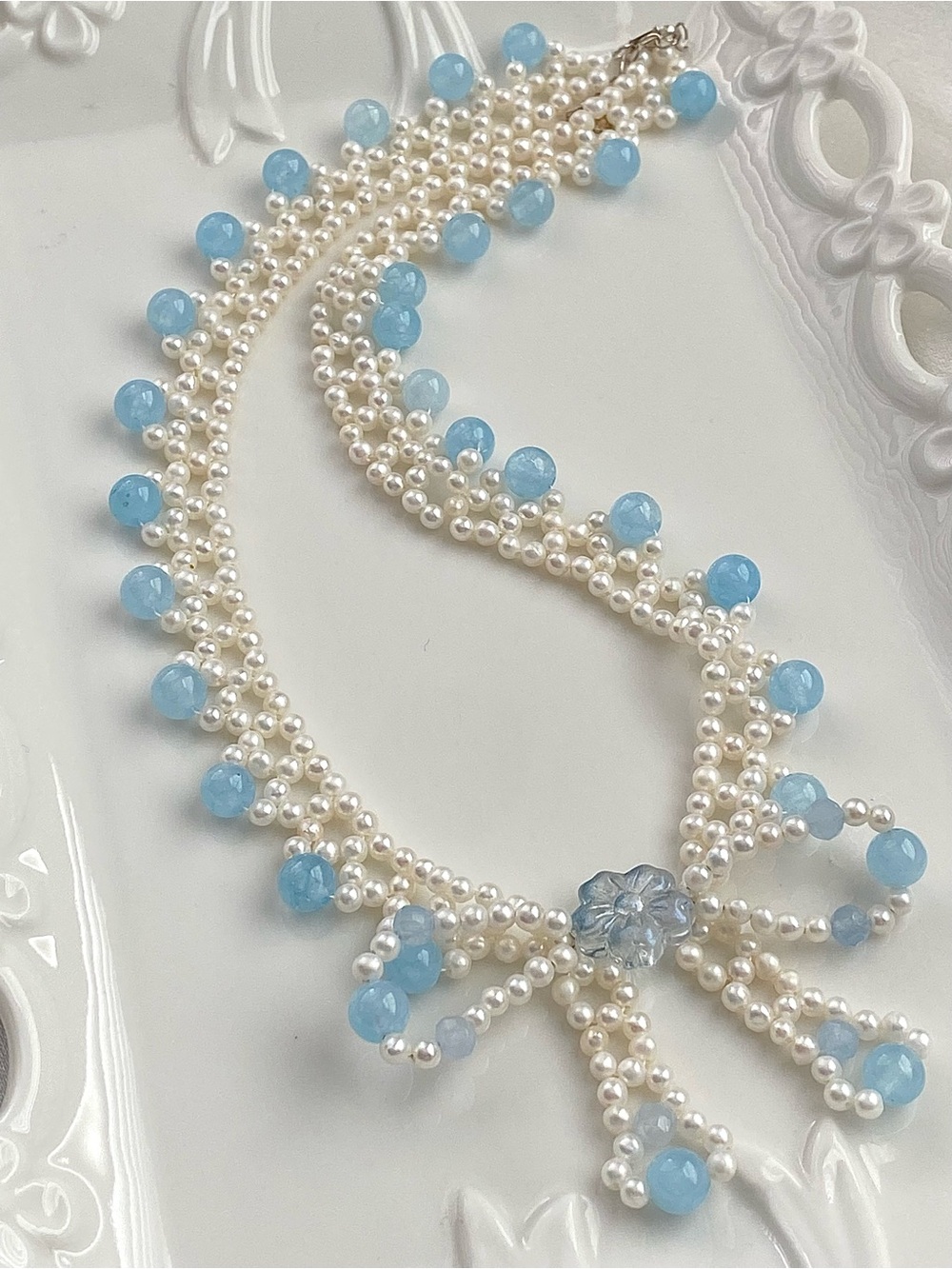GP89-Hand Braided High Quality Baby Pear And Aquamarine Bow Necklace